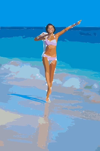 Esboço de mulher em vestido pequeno no mar. cartaz com uma menina andando na praia . —  Vetores de Stock