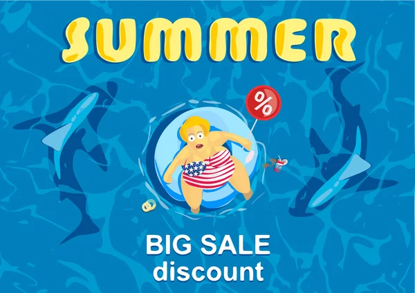 Summer big discount. Shark around a fat man on mattress — Stock Photo, Image