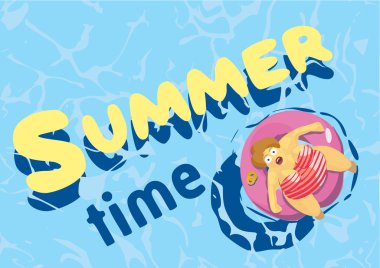 Yaz saati. şişman kadın yatak yüzmek üzerinde. Vektör çizim.