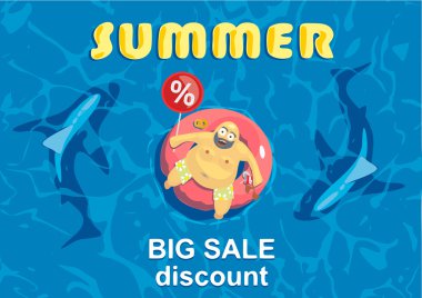 Yaz büyük indirim. Köpekbalığı çevresinde şişme şişman bir adam