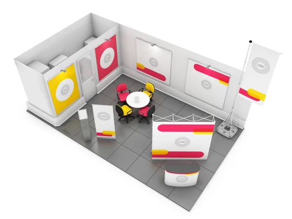 Design de stand de exposição criativa em branco com formas de cores. Renderização 3D — Fotografia de Stock