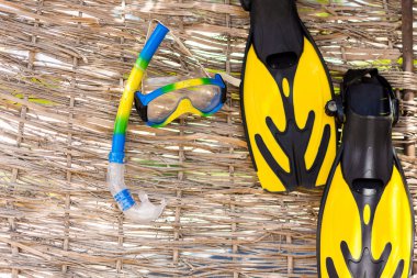 Beach accessories. Mask, fins, snorkel on rotang background clipart