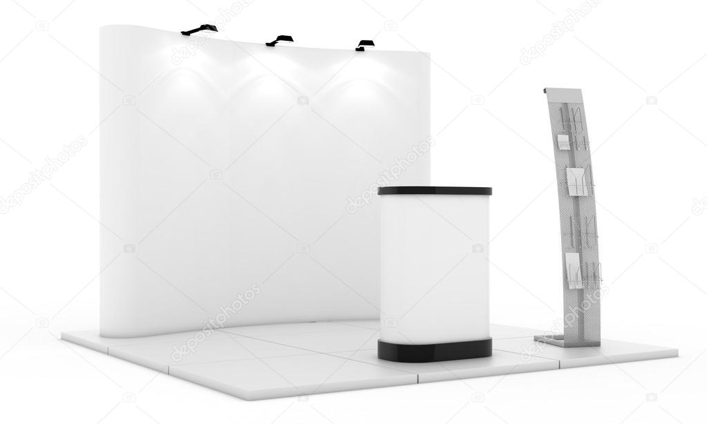 Empty trade event stand. Trade exhibition stand. White blank trade show booth
