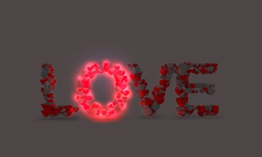 Wording Love sign with heart. Glows in the dark. 3d clipart