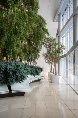 Kapalı alan, kiremit zemin boyunca çeşitli bitki ve ağaçlarla yemyeşil bir yeşilliğe sahiptir. Geniş pencereler doğal ışık sağlar, dinlenmek için dingin ve ferahlatıcı bir ortam yaratır.