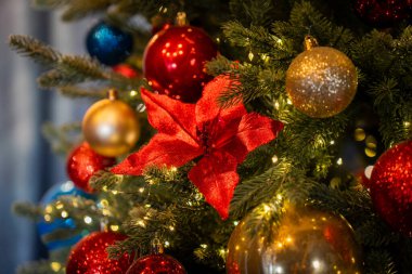 Kırmızı noktalı noktalarla süslenmiş canlı Noel ağacı, altın ve kırmızı süsler, ve parıldayan ışıklar, neşeli ve neşeli bir tatil atmosferi yaratıyor. Mevsimlik kutlamalar için mükemmel.