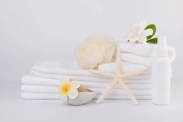 Spa Health Care Concepts Setup Stack White Towels Star Fish — Stock Photo, Image