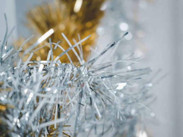 Golden Silver Tinsel Christmas Ornament White Backgroun — Stock Photo, Image