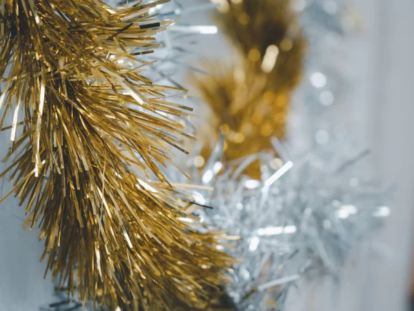 Golden Silver Tinsel Christmas Ornament White Backgroun — Stock Photo, Image