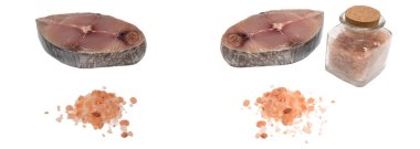 Kral uskumru, benekli uskumru, Pembe Himalaya tuzuyla kaplı taze balık dilimi beyaz arka planda izole edilmiş.