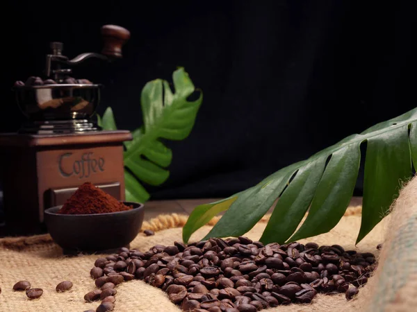 Ground coffee ,roasted coffee beans,grinder, and monstera leave on wooden table with burlap  background