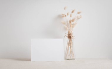 Boş beyaz tebrik kartı, bej masa ve çimento duvar arkaplanındaki modern cam vazoda kurutulmuş Lagurus ovatus çiçekleriyle süsleme yapıyor.