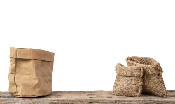 Two Different Size Burlap Bags Paper Container Grunge Wooden Shelf — Stock Photo, Image