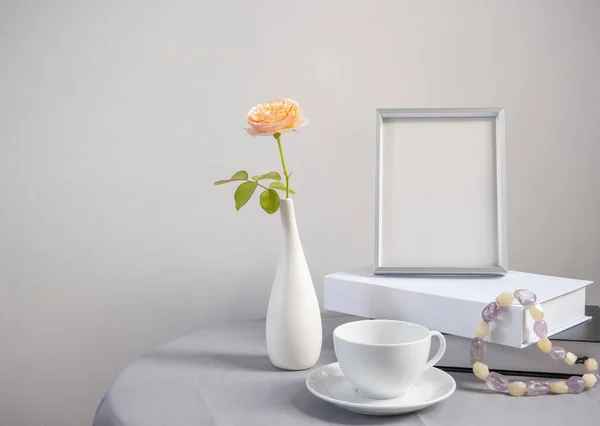 Beautiful Rose Flower Modern White Vase Mock Silver Frame Book — Stock Photo, Image