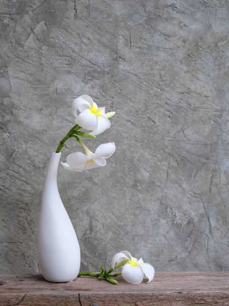 Beautiful Frangipani Spa Flower Modern Ceramic White Vase Wooden Table — Stock Photo, Image