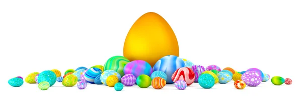 Pile of colorful Easter eggs surrounding a giant golden egg — Stock Photo, Image