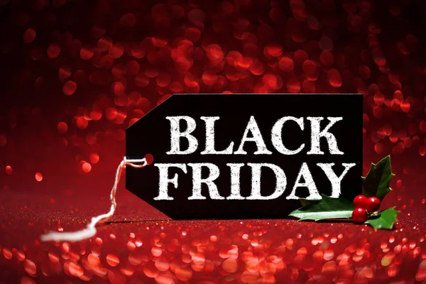 Black Friday Étiquette Vente Sur Fond Rouge Paillettes — Photo