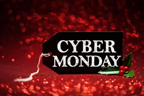 Cyber Monday Eladó Címke Piros Csillogás Háttér — Stock Fotó