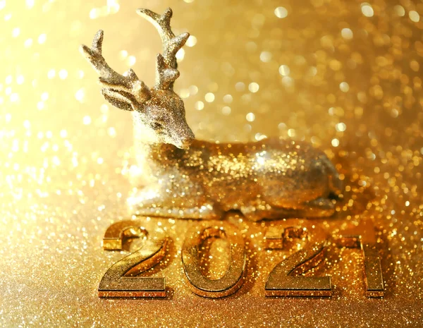 Shiny Golden 2021 Numbers New Year Celebration Sparkling Glittering Deer — Stock Photo, Image