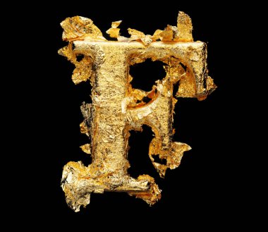 Alfabe ve rakamlar siyah üzerine izole edilmiş kaba altın yapraklı.