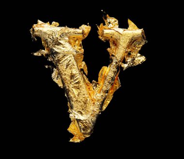 Alfabe ve rakamlar siyah üzerine izole edilmiş kaba altın yapraklı.