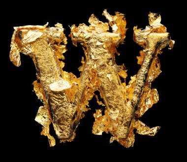 Alfabe ve rakamlar siyah üzerine izole edilmiş kaba altın yapraklı.