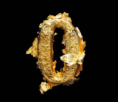 Alfabe ve rakamlar siyah üzerine izole edilmiş kaba altın yapraklı.