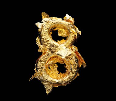 Alfabe ve rakamlar siyah üzerine izole edilmiş kaba altın yapraklı.