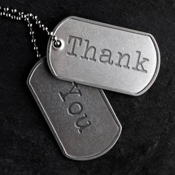 Old Worn Military Dog Tags Thank You — Stock Photo, Image