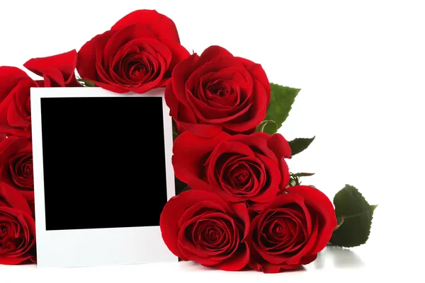 Bouquet of roses with empty photo — Stock Photo, Image