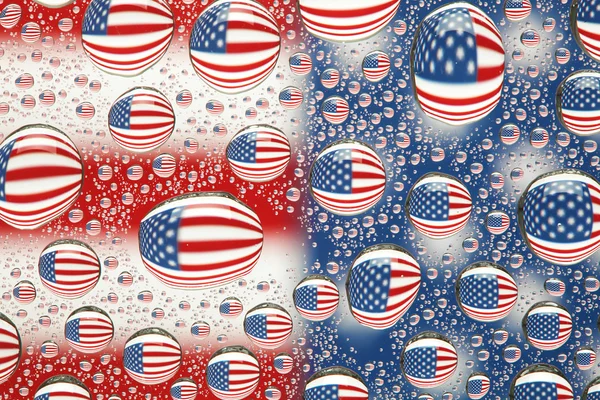 Bandiera americana riflessa in gocce d'acqua sfondo — Foto Stock