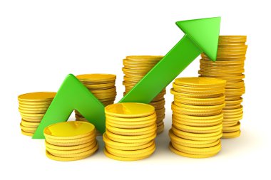 Stack of gold coins with arrow reaching higher
