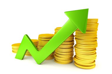 Stack of gold coins with arrow reaching higher