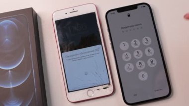 Nizhny Novgorod, Russia - February 14, 2021: New smartphone iPhone 12 Pro Max color Pacific Blue