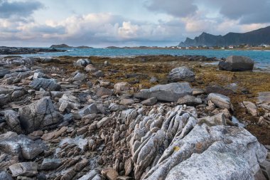 Kuzeyin taş kıyıları, Norveç 'te deniz, sonbahar akşamları Lofoten adaları.