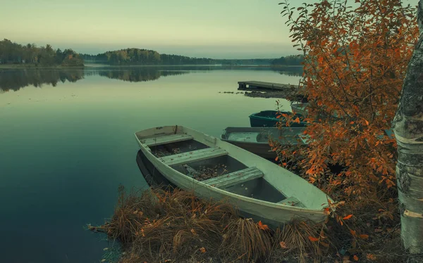 Лодка Туманном Золотом Озере Осенью — стоковое фото
