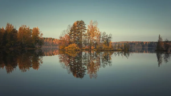 Île Dans Lac Forest Pendant Matin Automne Doré — Photo