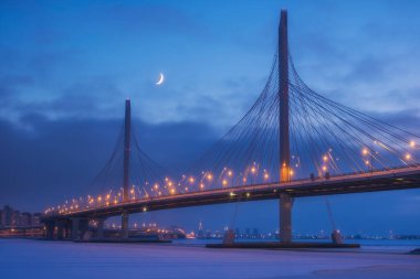 Batı Yüksek Hız Köprüsü Çapı görünüyor. Krestovsky Adası. Rusya, St. Petersburg Kış Gecesi.