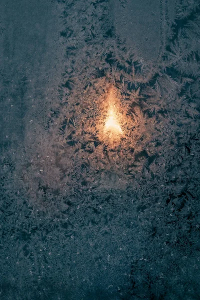 Candlelight Frosty Glass Window Night — Stock Photo, Image