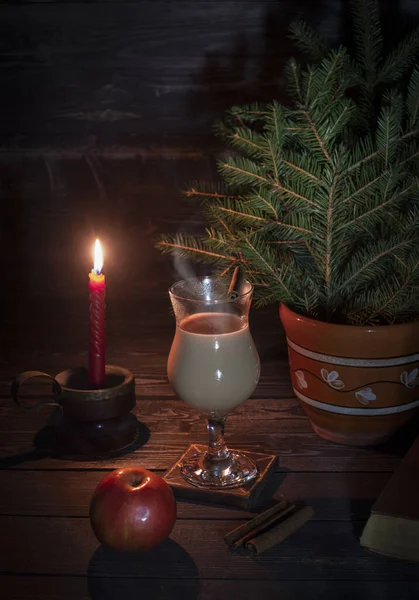 Tea Milk Masala Chai Dark Wooden Background Light Candle Apple — Stock Photo, Image