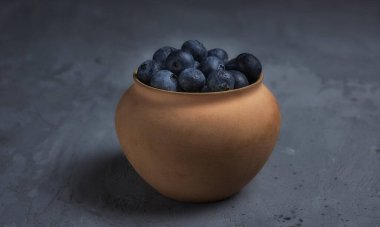 beton bir arka planda kil çömlekte yaban mersini