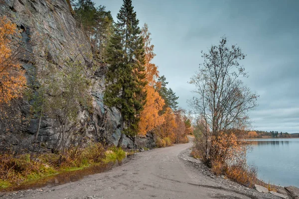 Camino Largo Del Lago Ladoga Otoño Karelia Entre Agua Las — Foto de Stock