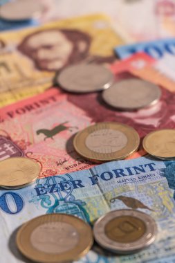 Macar forintinin bir kompozisyonu. Konuları iş, bankacılık, medya, sunum vb olarak resmetmek için büyük seçenekler sunan HUF banknotları ve sikkeler.