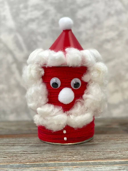 Christmas Santa Claus Children Craft Tin Can Pencil Stand — Stock Photo, Image