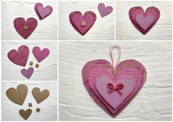 Collage, comment faire de l'artisanat pour enfants, volume 3 D coeur en carton . — Photo