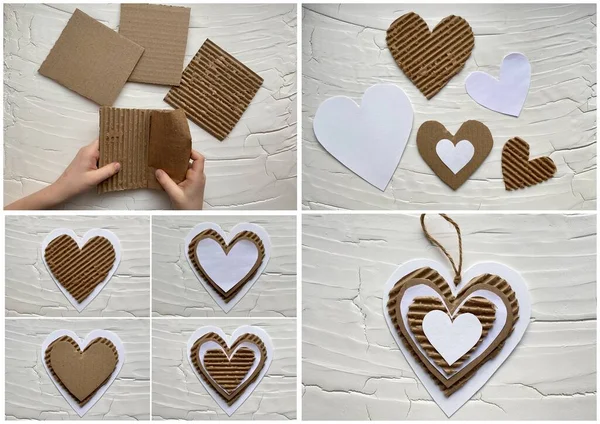 Collage, instrucciones sobre cómo hacer un corazón con el reciclaje de cartón, artesanía infantil, San Valentín. — Foto de Stock
