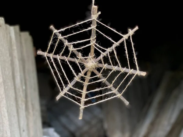 Spider Web Made Sticks Thread Children Crafts Halloween Holiday — Stock Photo, Image
