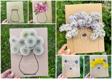 Çocuk sanatları karton işleme ve doğal bitkilerden yapılmış, leylak saçlı bir ayı, karahindiba ve çiçekli bir vazo..