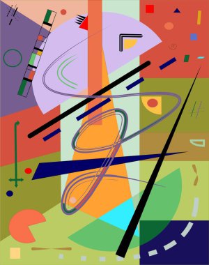 Soyut renkli arkaplan, süslü geometrik ve eğri şekiller, dışavurumculuk sanat tarzı