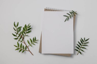 Yaz düğün kırtasiyesi sahnesi. Boş tebrik kartı, el işi kağıt zarf ve beyaz masa arkasında izole edilmiş yeşil dallar. Dişi Akdeniz üst görünümü, düz yatış.